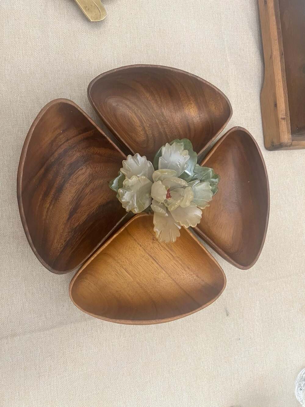 Vintage MCM Teak Wood Four-Piece Petal Serving Bowl Set with Jade Flower Centerp
